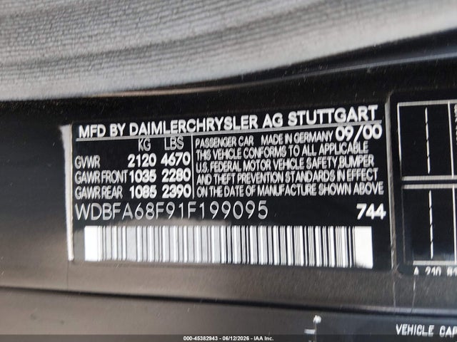 Aukcja sprzedaży 2001 Mercedes-benz Sl 500, vin: WDBFA68F91F199095, numer aukcji: 45382943