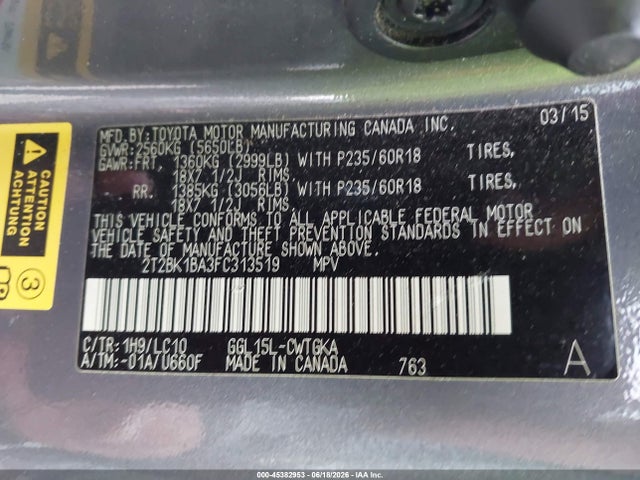45382953 :رقم المزاد ، 2T2BK1BA3FC313519 vin ، 2015 Lexus Rx 350 مزاد بيع