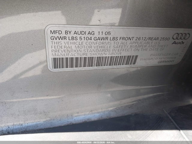2006 Audi A6 3.2 მანქანა იყიდება აუქციონზე, vin: WAUAH74FX6N099908, აუქციონის ნომერი: 45382958