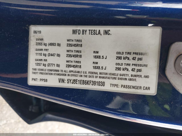 Tesla Model 3 Long Range/performance 2019 5YJ3E1EB6KF391030 Image 9