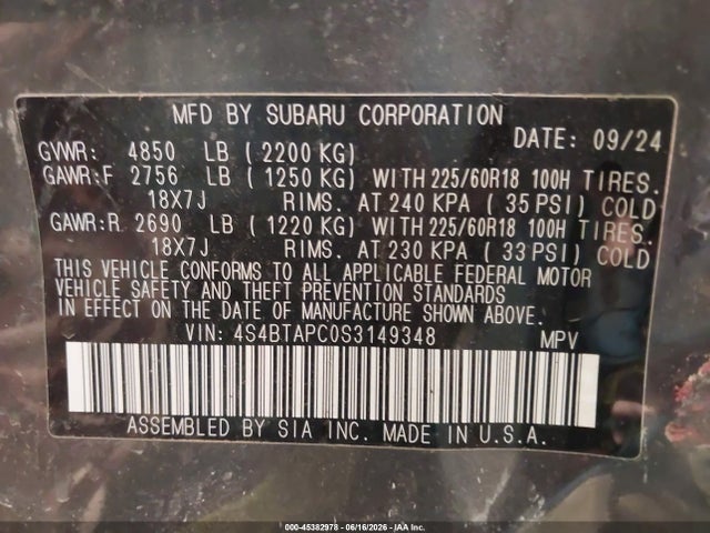 2025 Subaru Outback Touring მანქანა იყიდება აუქციონზე, vin: 4S4BTAPC0S3149348, აუქციონის ნომერი: 45382978