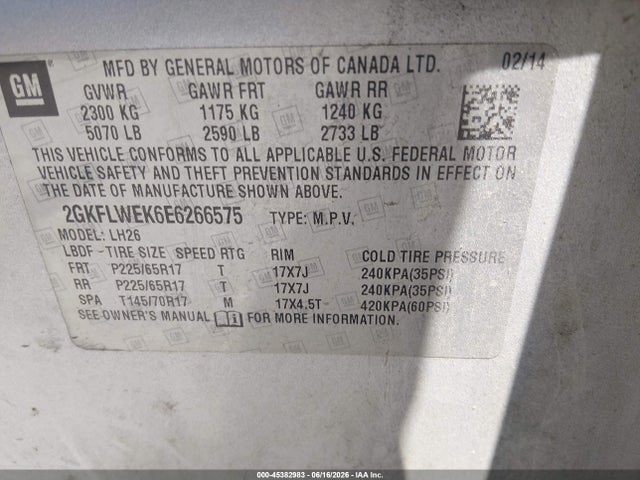 45382983 :رقم المزاد ، 2GKFLWEK6E6266575 vin ، 2014 Gmc Terrain Sle-2 مزاد بيع