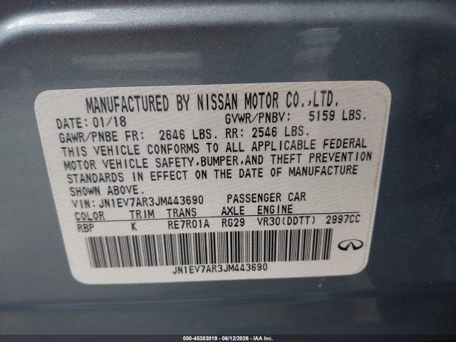 Aukcja sprzedaży 2018 Infiniti Q50 3.0t Luxe, vin: JN1EV7AR3JM443690, numer aukcji: 45383019