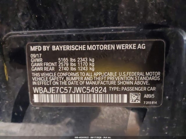 Auction sale of the 2018 Bmw 540i Xdrive, vin: WBAJE7C57JWC54924, lot number: 45383022