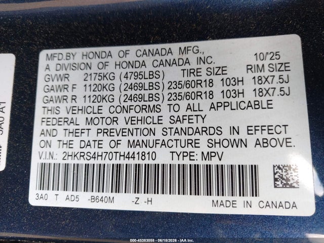 Продажа на аукционе авто 2026 Honda Cr-v Ex-l Awd, vin: 2HKRS4H70TH441810, номер лота: 45383058