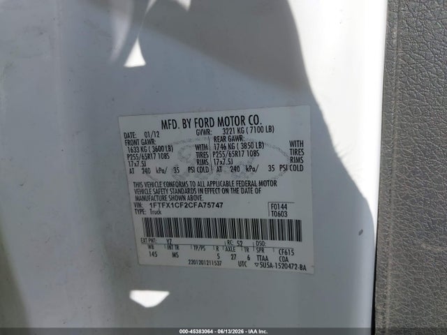 Продажа на аукционе авто 2012 Ford F-150 Xlt, vin: 1FTFX1CF2CFA75747, номер лота: 45383064