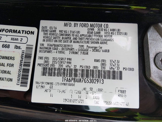Продажа на аукционе авто 2016 Ford Mustang V6, vin: 1FA6P8AM7G5302913, номер лота: 45383078