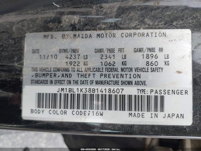 Продажа на аукционе авто 2011 Mazda Mazdaspeed3 Sport, vin: JM1BL1K38B1418607, номер лота: 45383086