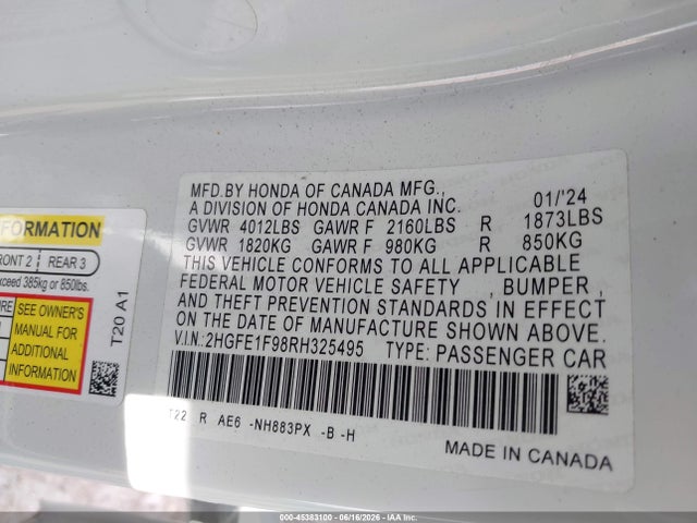 Honda Civic Touring 2024 2HGFE1F98RH325495 Image 9