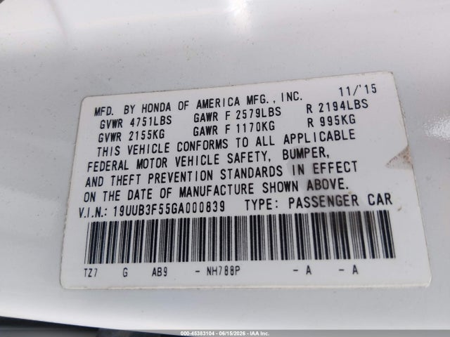 Продажа на аукционе авто 2016 Acura Tlx V6 Tech, vin: 19UUB3F55GA000839, номер лота: 45383104