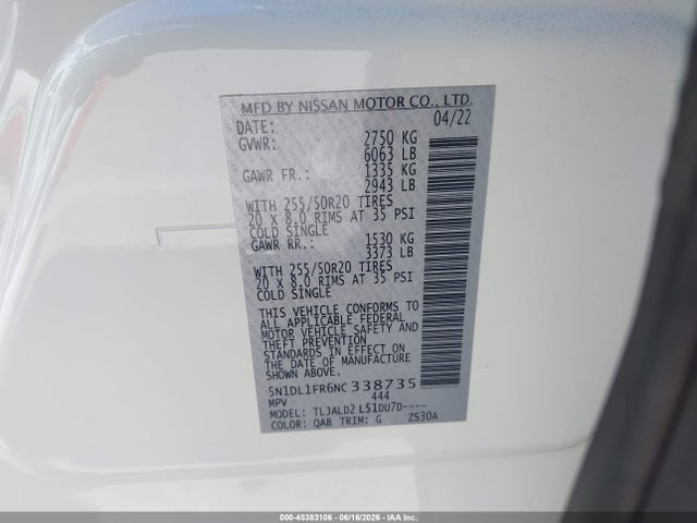 5N1DL1FR6NC338735 Infiniti QX60 LUXE