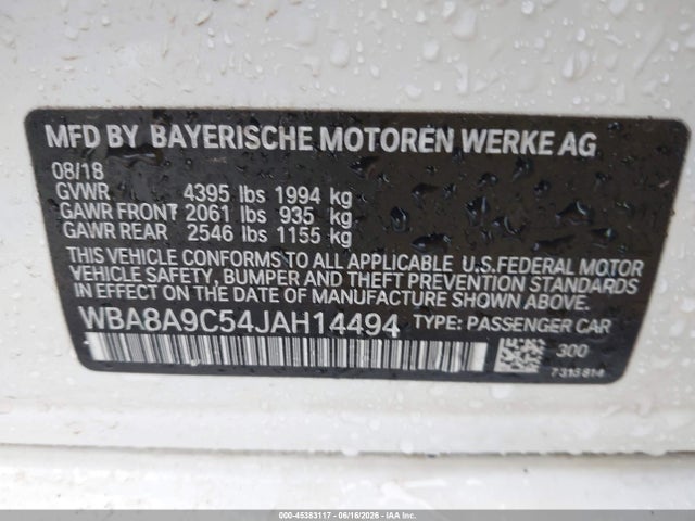 2018 Bmw 320i მანქანა იყიდება აუქციონზე, vin: WBA8A9C54JAH14494, აუქციონის ნომერი: 45383117