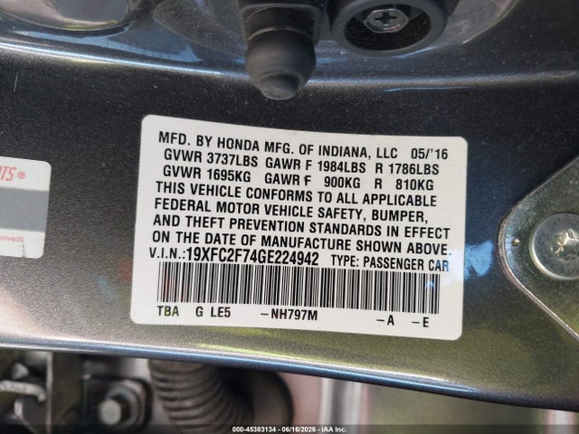 Продаж на аукціоні авто 2016 Honda Civic Ex, vin: 19XFC2F74GE224942, номер лоту: 45383134