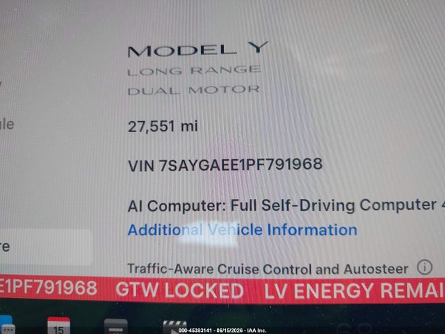 2023 Tesla Model Y Awd/long Range Dual Motor All-wheel Drive მანქანა იყიდება აუქციონზე, vin: 7SAYGAEE1PF791968, აუქციონის ნომერი: 45383141