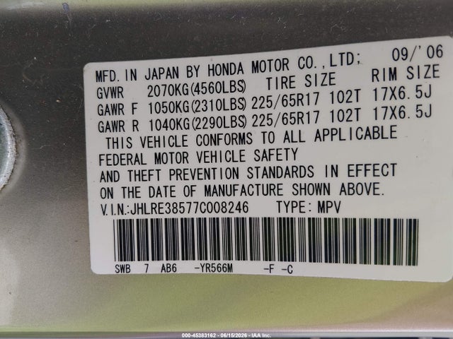 Продаж на аукціоні авто 2007 Honda Cr-v Ex, vin: JHLRE38577C008246, номер лоту: 45383162