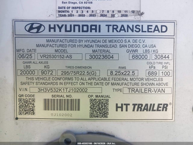 2026 Hyundai Translead Inc 53' Reefer Semi Trailer მანქანა იყიდება აუქციონზე, vin: 3H3V532K1TJ102002, აუქციონის ნომერი: 45383166