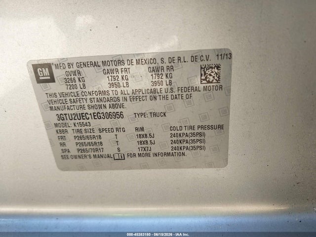 45383180 :رقم المزاد ، 3GTU2UEC1EG306956 vin ، 2014 Gmc Sierra 1500 Sle مزاد بيع