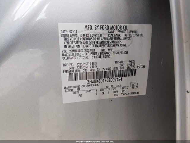 2012 Ford Flex Limited/titanium მანქანა იყიდება აუქციონზე, vin: 2FMHK6DC7CBD02484, აუქციონის ნომერი: 45383196