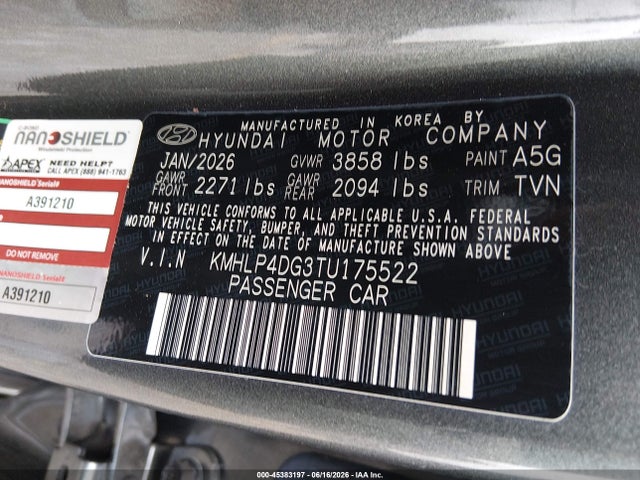 45383197 :رقم المزاد ، KMHLP4DG3TU175522 vin ، 2026 Hyundai Elantra Limited مزاد بيع