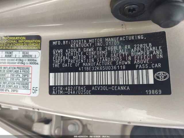 2005 Toyota Camry Le მანქანა იყიდება აუქციონზე, vin: 4T1BE32K65U036118, აუქციონის ნომერი: 45383224
