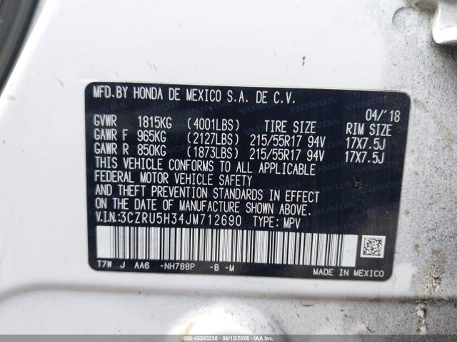 Honda HR-V LX 2018 3CZRU5H34JM712690 Image 9