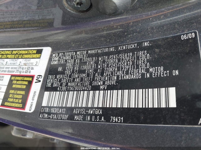 2009 Toyota Venza მანქანა იყიდება აუქციონზე, vin: 4T3BE11A79U004420, აუქციონის ნომერი: 45383240