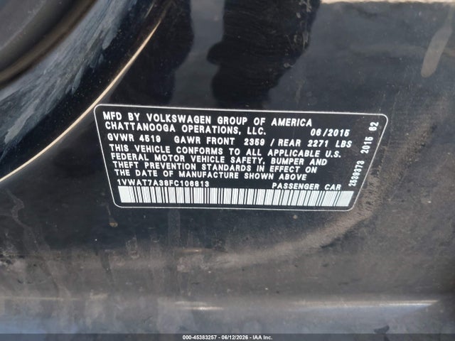 2015 Volkswagen Passat 1.8t Limited Edition მანქანა იყიდება აუქციონზე, vin: 1VWAT7A38FC106813, აუქციონის ნომერი: 45383257
