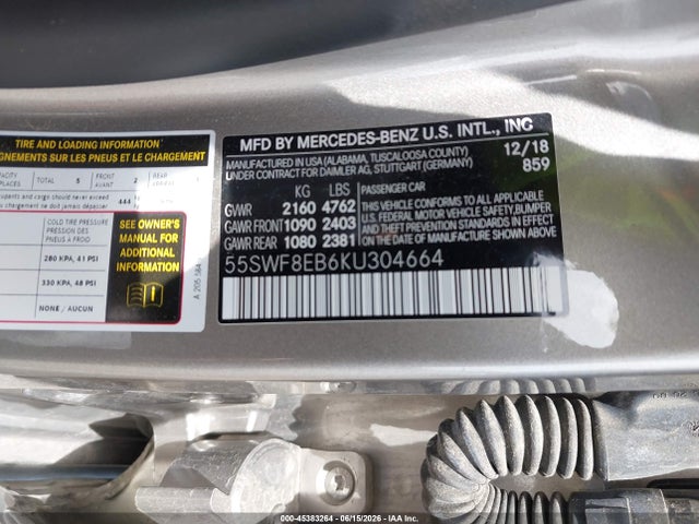 Aukcja sprzedaży 2019 Mercedes-benz C 300 4matic, vin: 55SWF8EB6KU304664, numer aukcji: 45383264