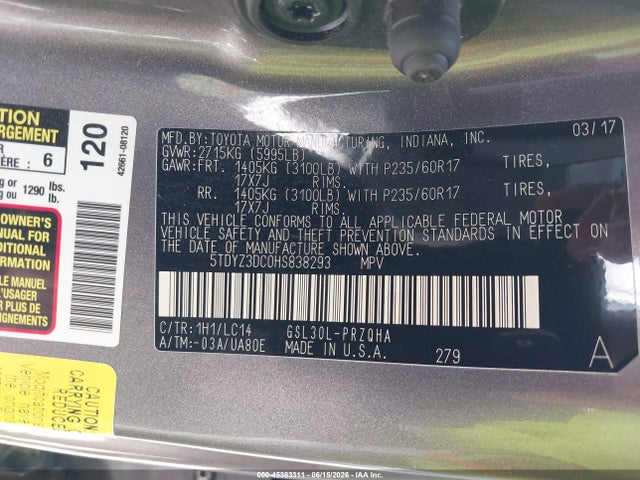 5TDYZ3DC0HS838293 Toyota Sienna Xle 8 Passenger