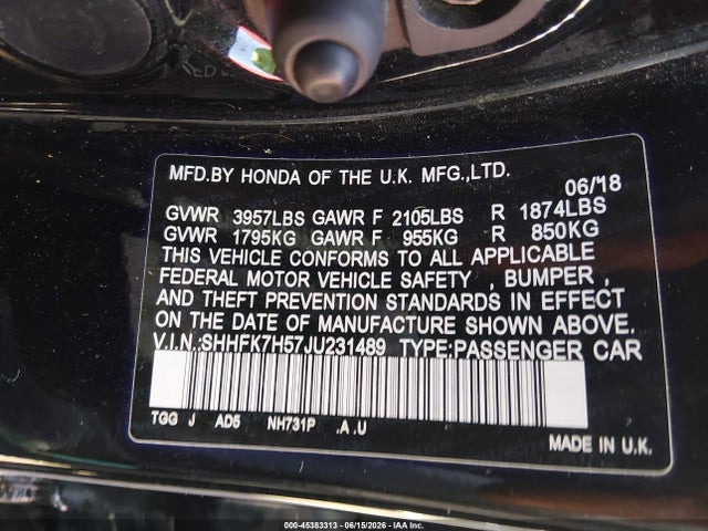45383313 :رقم المزاد ، SHHFK7H57JU231489 vin ، 2018 Honda Civic Ex مزاد بيع