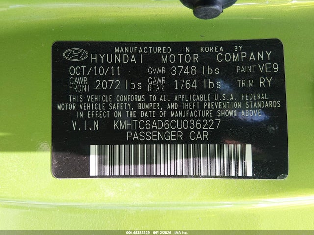 2012 Hyundai Veloster Base W/black მანქანა იყიდება აუქციონზე, vin: KMHTC6AD6CU036227, აუქციონის ნომერი: 45383329