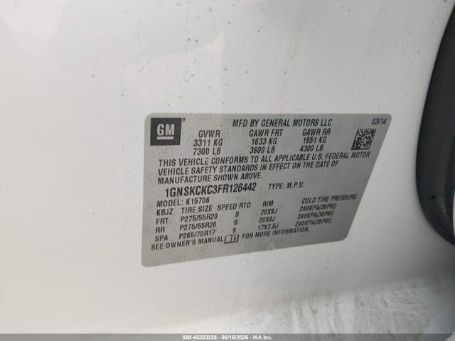 45383336 :رقم المزاد ، 1GNSKCKC3FR126442 vin ، 2015 Chevrolet Tahoe Ltz مزاد بيع