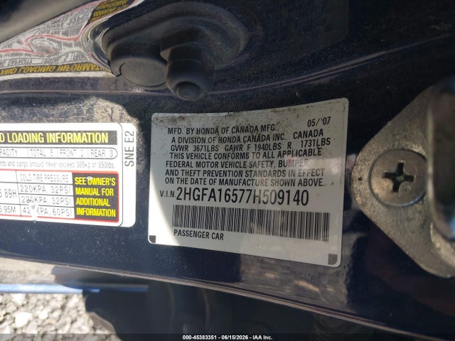 Aukcja sprzedaży 2007 Honda Civic Lx, vin: 2HGFA16577H509140, numer aukcji: 45383351