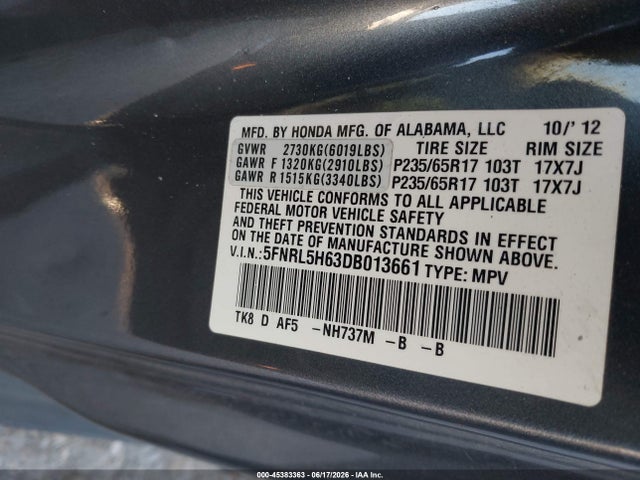 2013 Honda Odyssey Ex-l მანქანა იყიდება აუქციონზე, vin: 5FNRL5H63DB013661, აუქციონის ნომერი: 45383363
