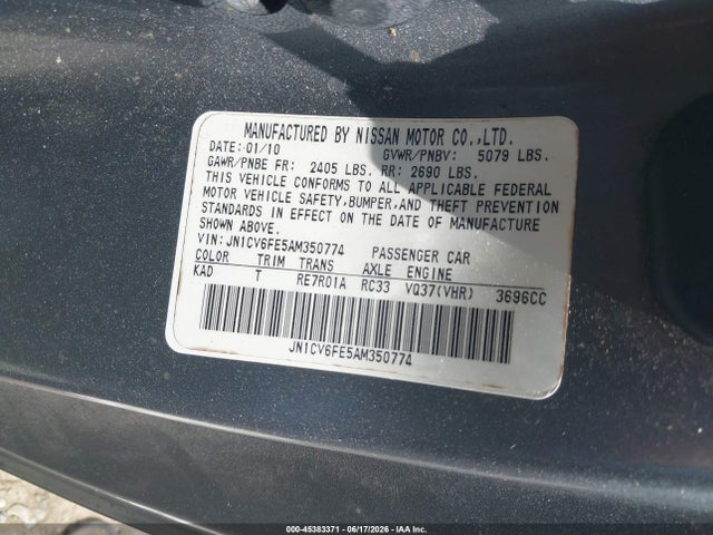 Продажа на аукционе авто 2010 Infiniti G37, vin: JN1CV6FE5AM350774, номер лота: 45383371