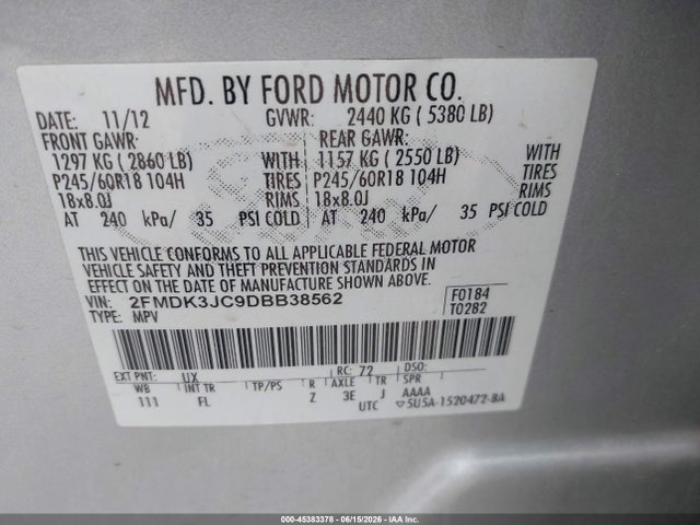 Продажа на аукционе авто 2013 Ford Edge Sel, vin: 2FMDK3JC9DBB38562, номер лота: 45383378