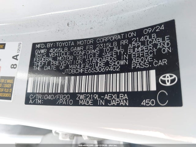 JTDBCMFE6S3069402 Toyota Corolla Hybrid Le