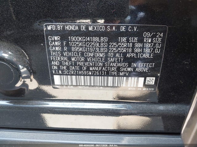 2025 Honda Hr-v 2wd Sport მანქანა იყიდება აუქციონზე, vin: 3CZRZ1H59SM726131, აუქციონის ნომერი: 45383390