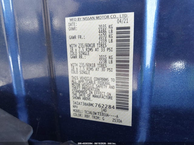 45383394 :رقم المزاد ، 5N1AT3BA8MC762284 vin ، 2021 Nissan Rogue Sv Fwd مزاد بيع