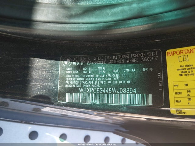 Продаж на аукціоні авто 2008 Bmw X3 3.0si, vin: WBXPC93448WJ03894, номер лоту: 45383400