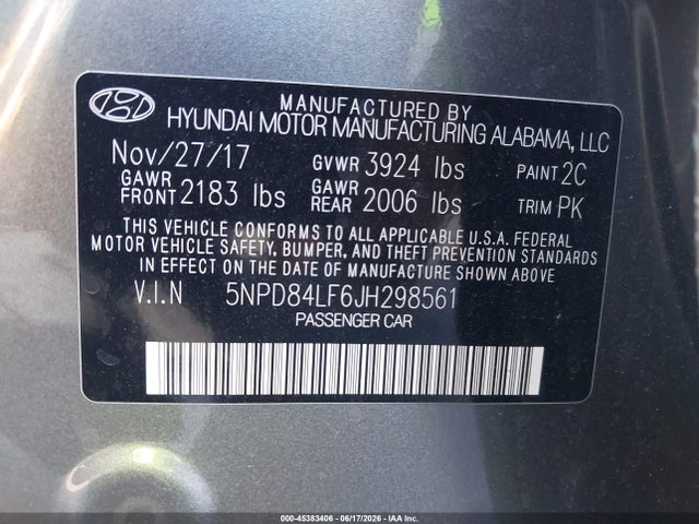 45383406 :رقم المزاد ، 5NPD84LF6JH298561 vin ، 2018 Hyundai Elantra Sel مزاد بيع