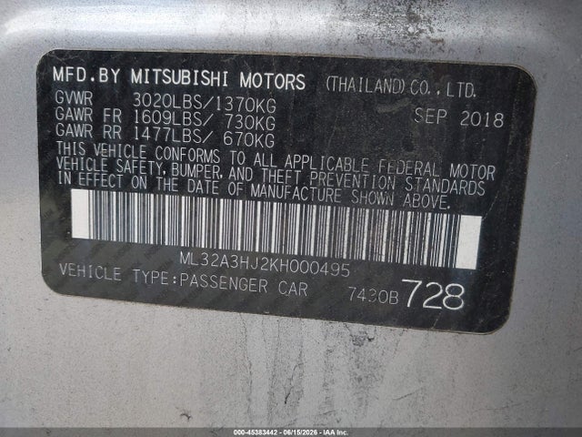Aukcja sprzedaży 2019 Mitsubishi Mirage Es, vin: ML32A3HJ2KH000495, numer aukcji: 45383442