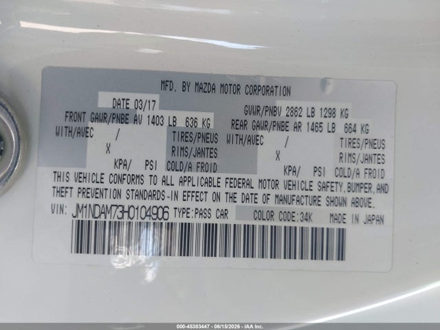 JM1NDAM73H0104906 Mazda Mx-5 Miata Rf Grand Touring