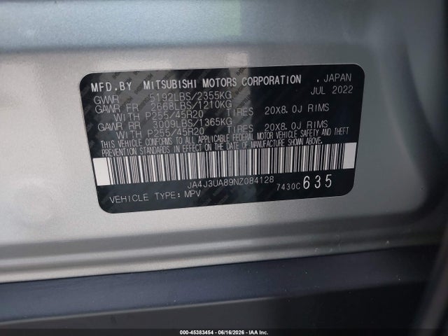 Aukcja sprzedaży 2022 Mitsubishi Outlander Black Edition 2wd/se 2.5 2wd/se Launch Edition 2wd, vin: JA4J3UA89NZ084128, numer aukcji: 45383454