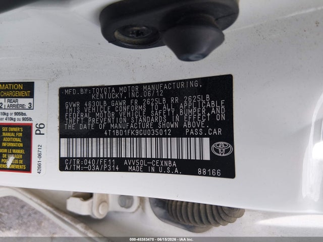 Aukcja sprzedaży 2012 Toyota Camry Hybrid Le, vin: 4T1BD1FK9CU035012, numer aukcji: 45383470