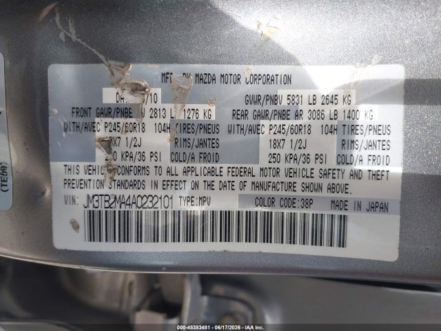 Aukcja sprzedaży 2010 Mazda Cx-9 Touring, vin: JM3TB2MA4A0232101, numer aukcji: 45383481