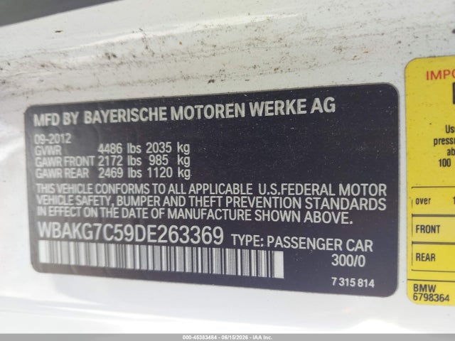 2013 Bmw 335i მანქანა იყიდება აუქციონზე, vin: WBAKG7C59DE263369, აუქციონის ნომერი: 45383484