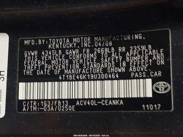 2009 Toyota Camry Le მანქანა იყიდება აუქციონზე, vin: 4T1BE46K19U300464, აუქციონის ნომერი: 45383486