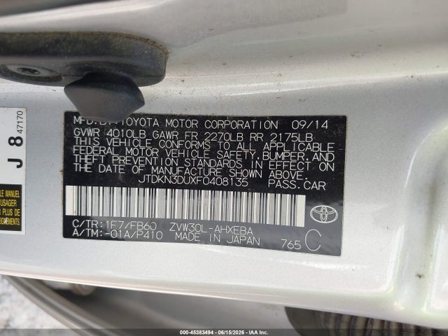 2015 Toyota Prius Three მანქანა იყიდება აუქციონზე, vin: JTDKN3DUXF0408135, აუქციონის ნომერი: 45383494