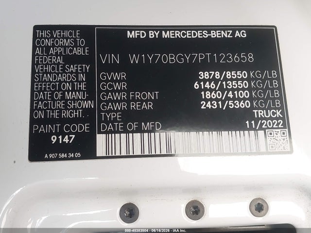 45383504 :رقم المزاد ، W1Y70BGY7PT123658 vin ، 2023 Mercedes-benz Sprinter 1500 Standard Roof 4-cyl Gas مزاد بيع